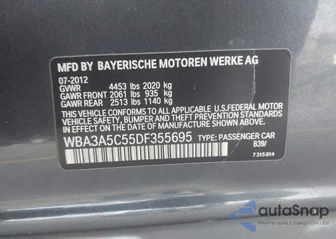 2013 BMW 328I from USA, damaged, VIN WBA3A5C55DF355695